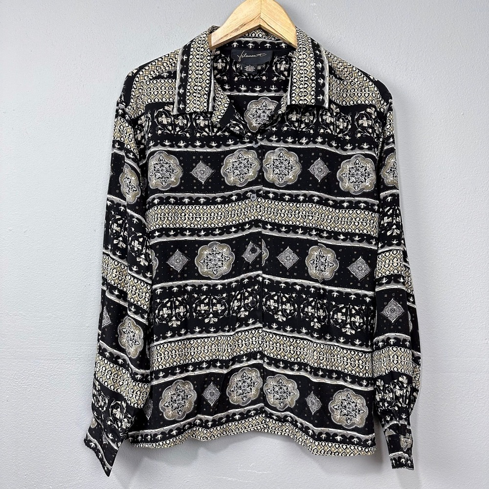 Vintage Silk Blouse Womens Size L Black Beige‎ Medallion Boho Button Front Top